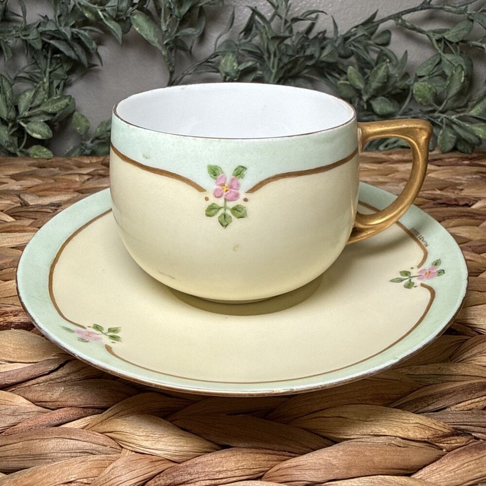 Antique MZ Austria Hand Painted Floral Tea Cup Saucer Set Gold Gilt Signed